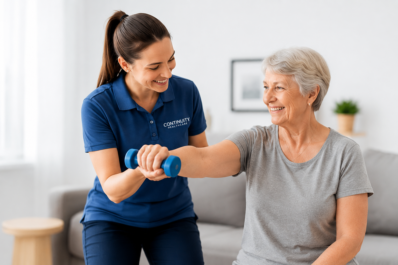 Continuity Healthcare therapist helping an older adult with therapy at home