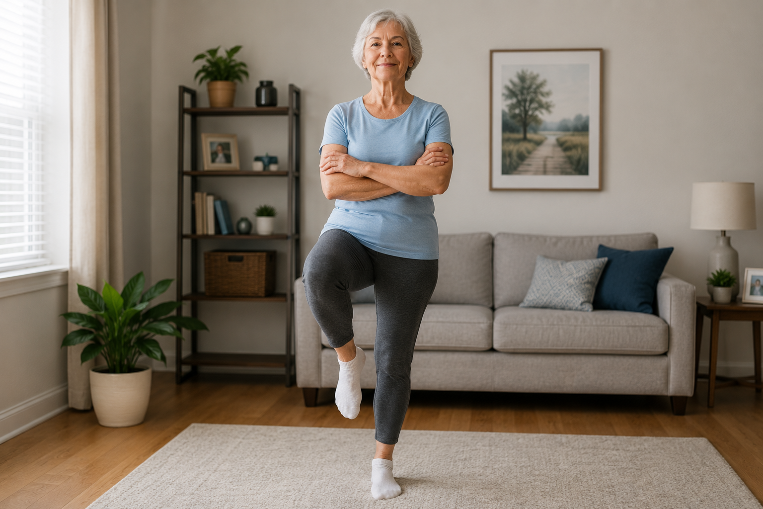 Older adult performing the One Leg Stand Test for Seniors to assess balance, stability, and fall risk at home