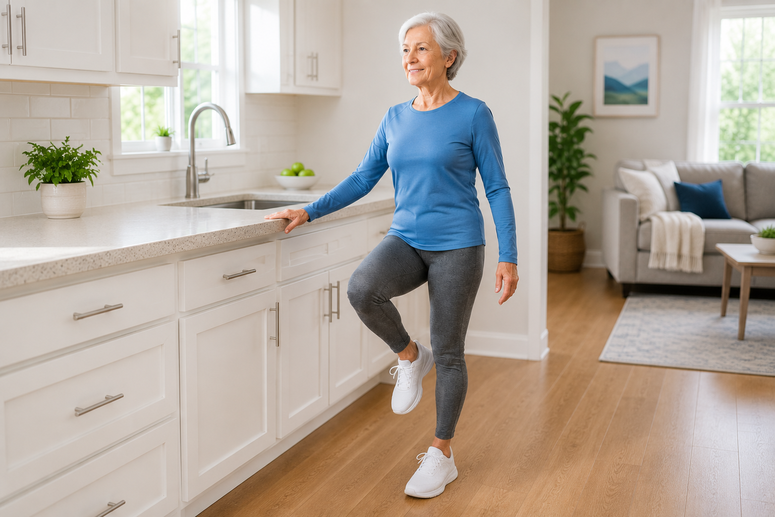 Older adult performing a balance exercise while holding a kitchen countertop for support