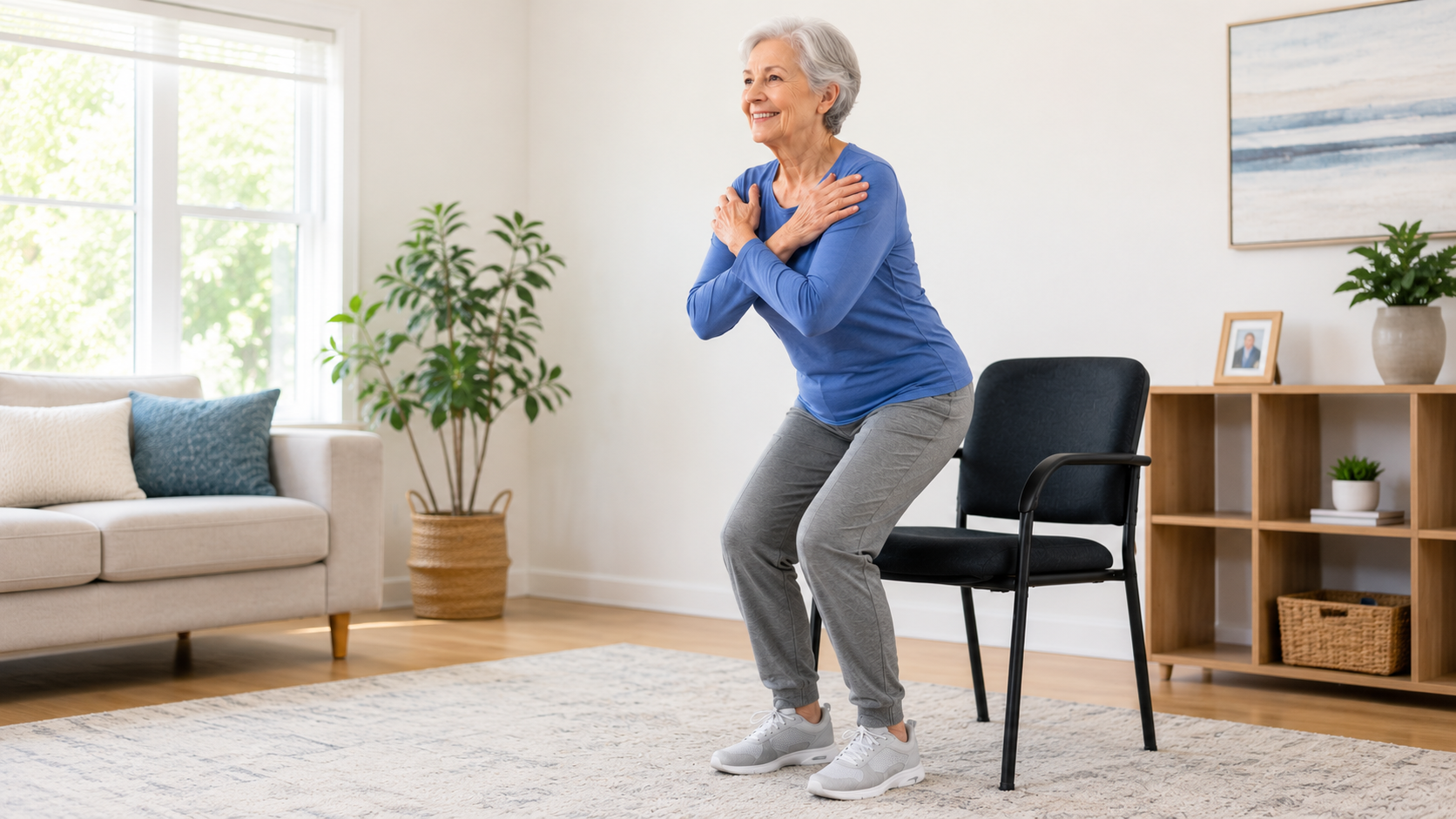 Older adult performing the 30 Second Chair Stand Test for Seniors to assess lower body strength and mobility