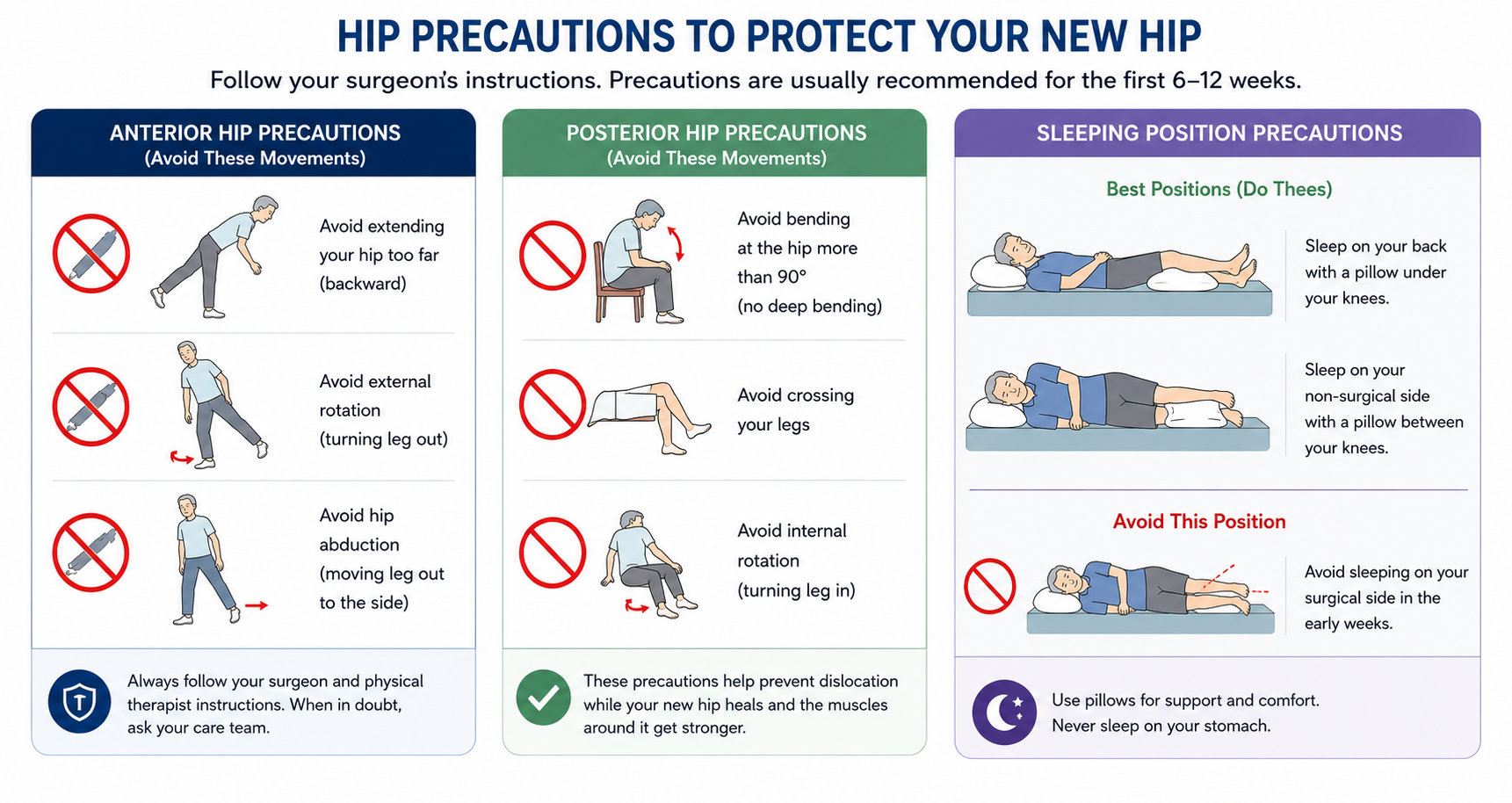 Hip precautions infographic showing anterior posterior and sleeping position precautions after hip replacement