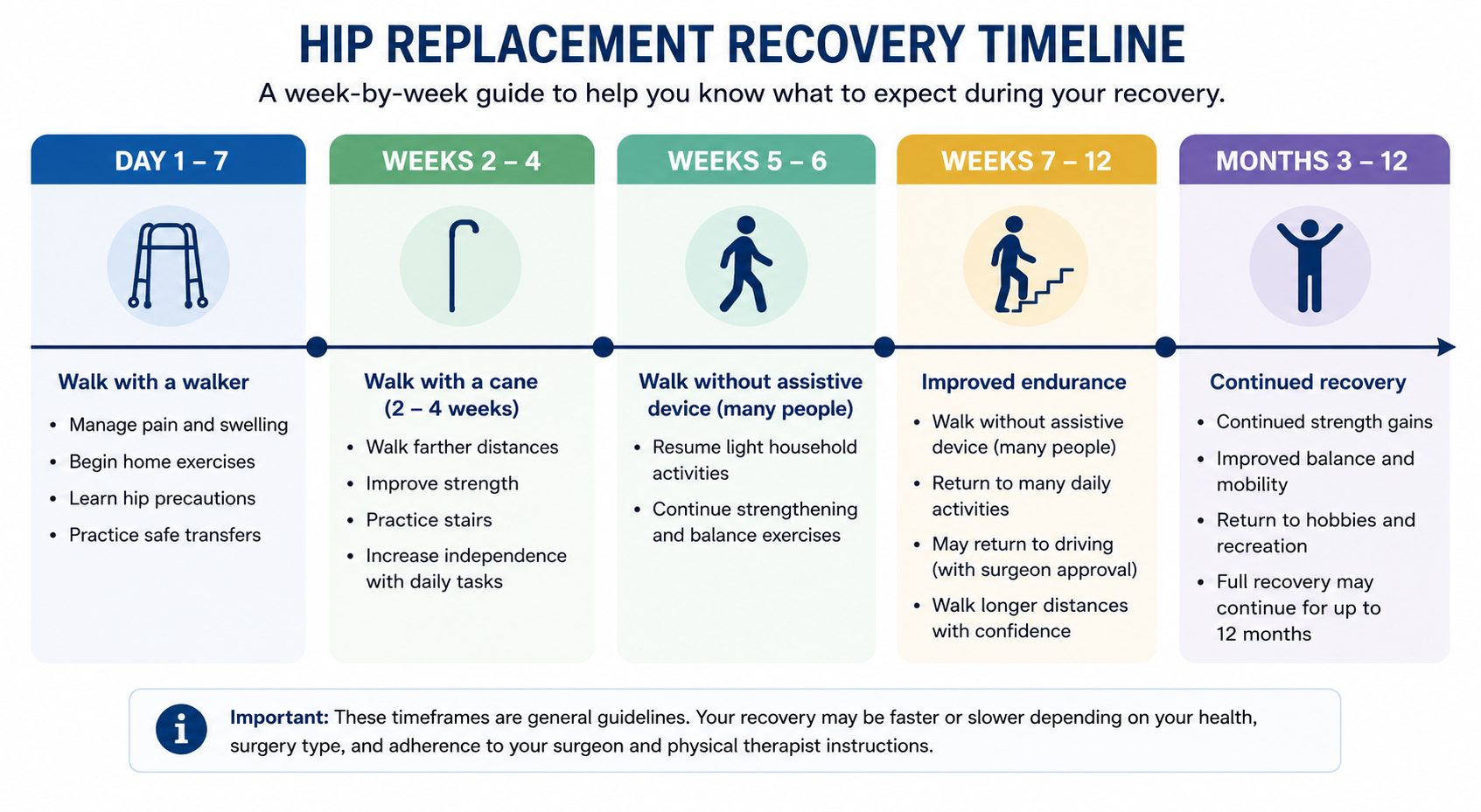 Hip replacement recovery timeline infographic showing week by week milestones after surgery