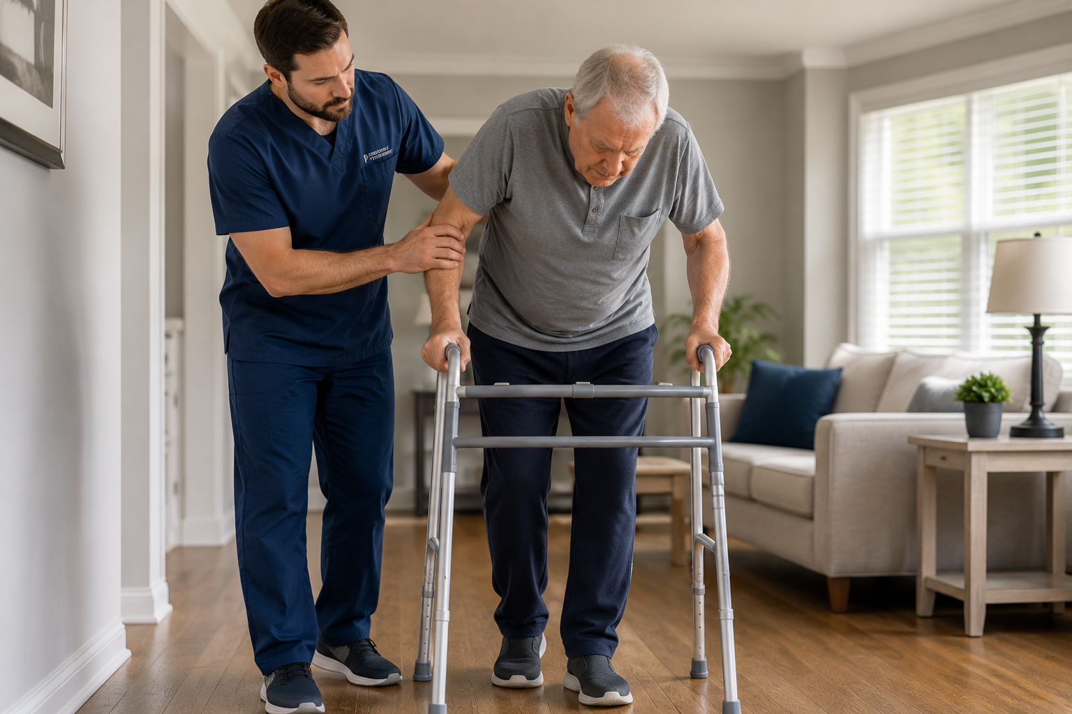 Hip replacement recovery patient walking with a walker and physical therapist assistance at home