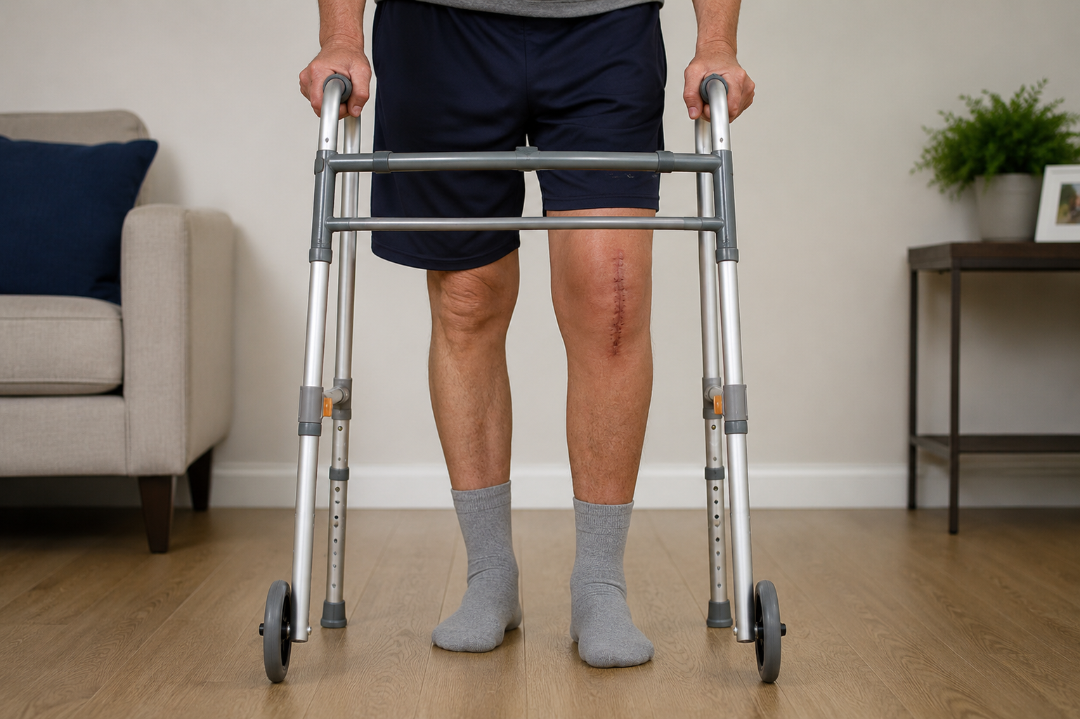 Older adult recovering from knee replacement surgery using a walker at home during rehabilitation