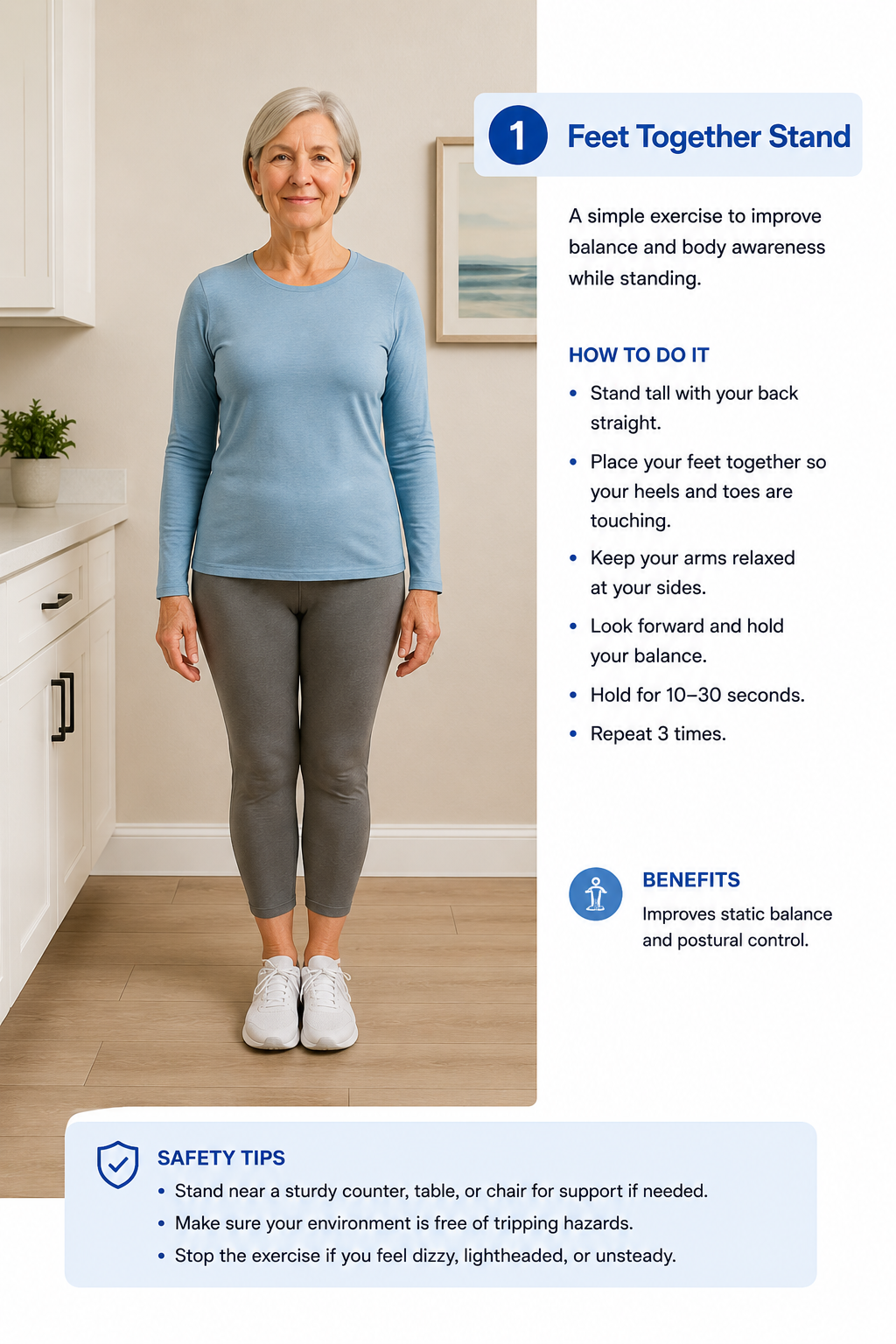 Older adult performing feet together stand balance exercise near a counter