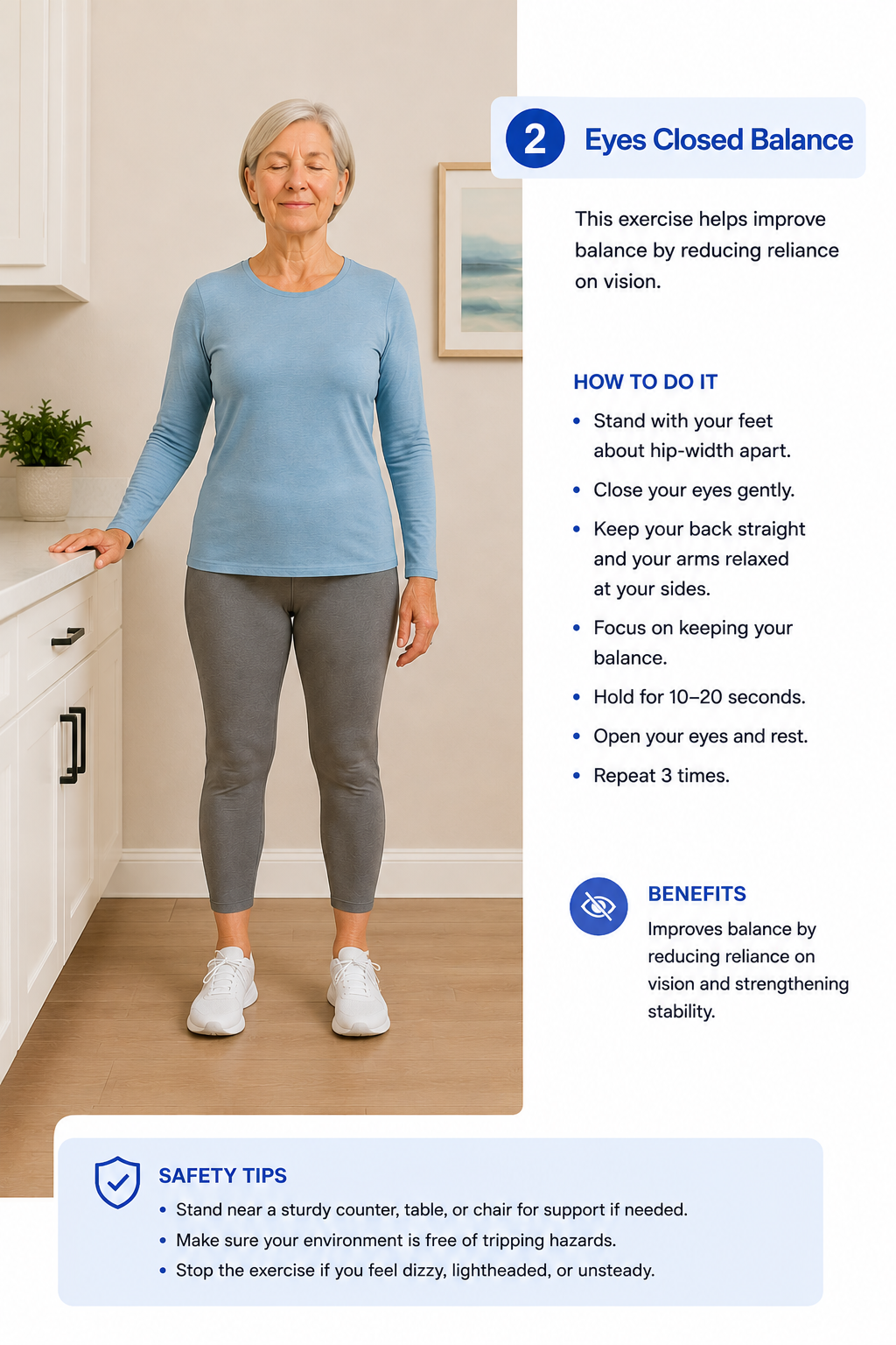 Older adult performing eyes closed balance exercise with feet hip width apart near a counter