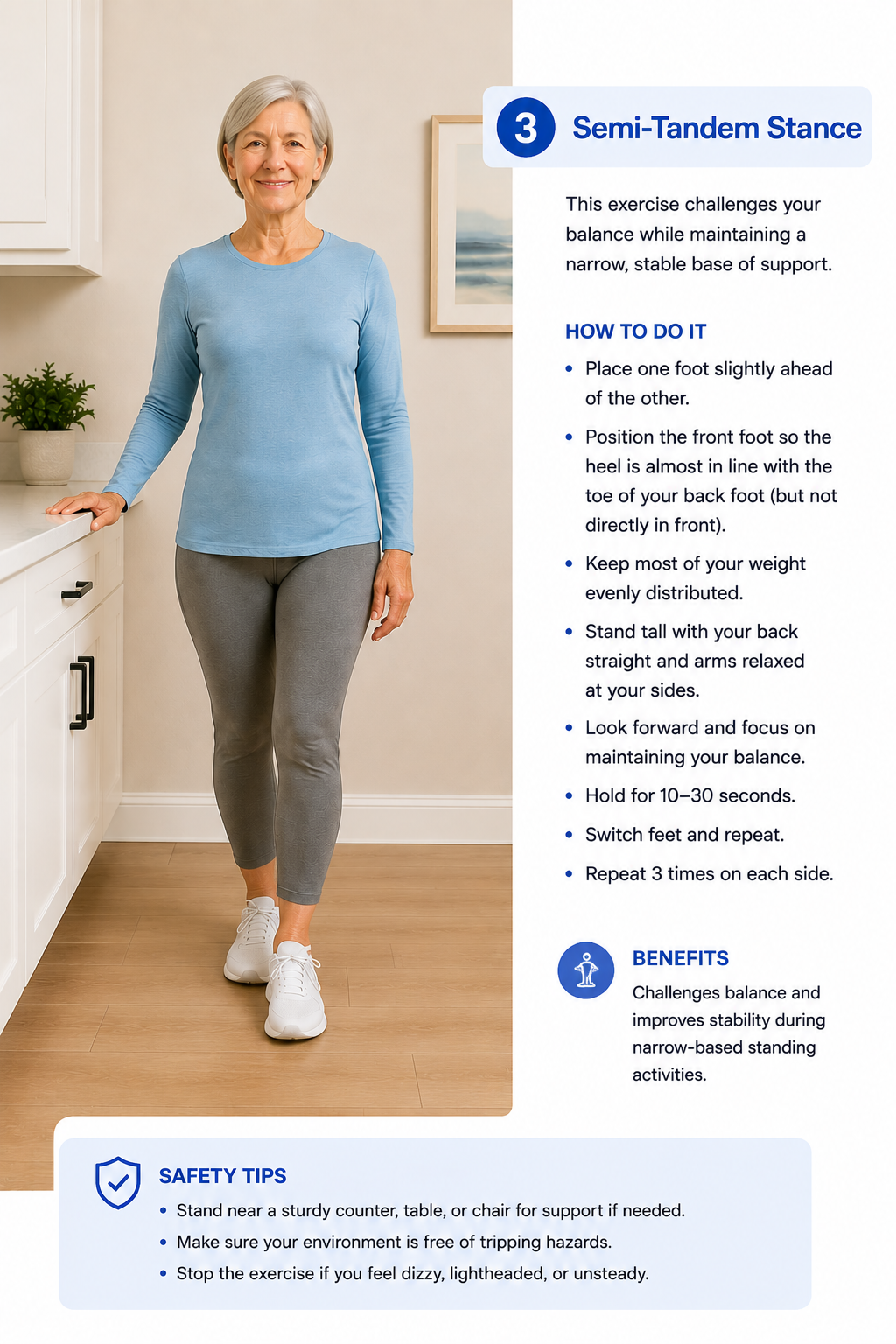 Older adult performing semi tandem stance balance exercise near a counter