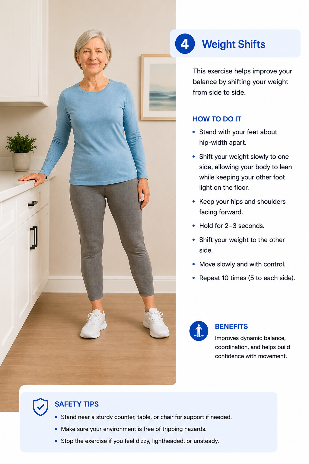 Older adult performing lateral weight shift balance exercise near a counter