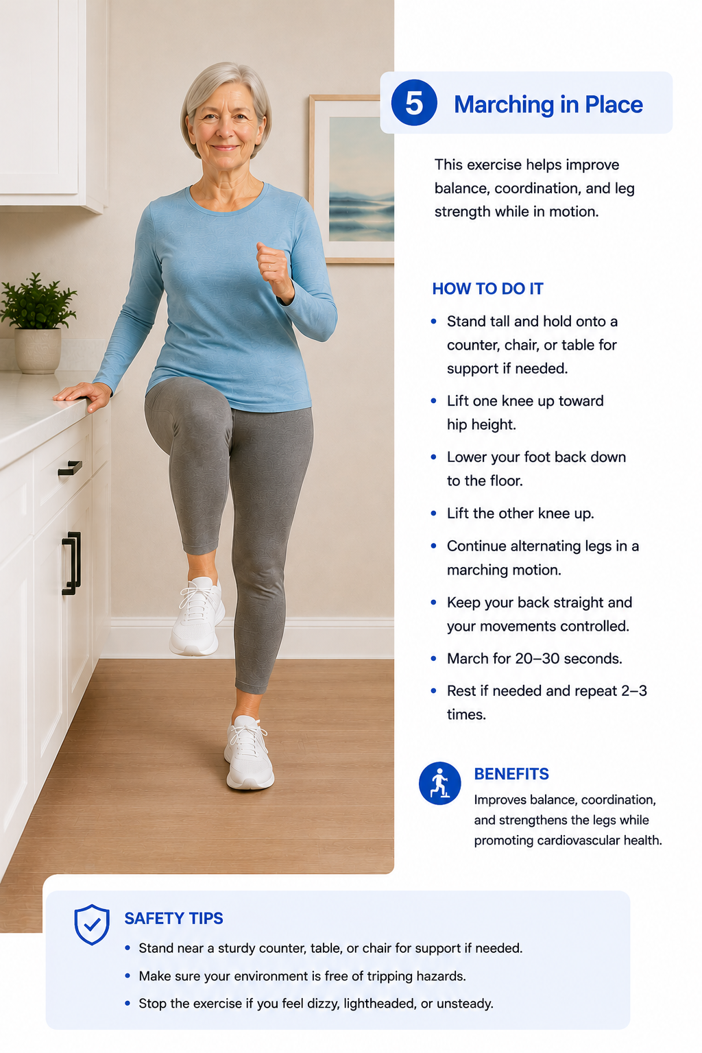 Older adult performing marching in place balance exercise near a counter