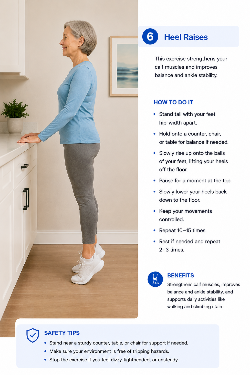 Older adult performing heel raises near a counter