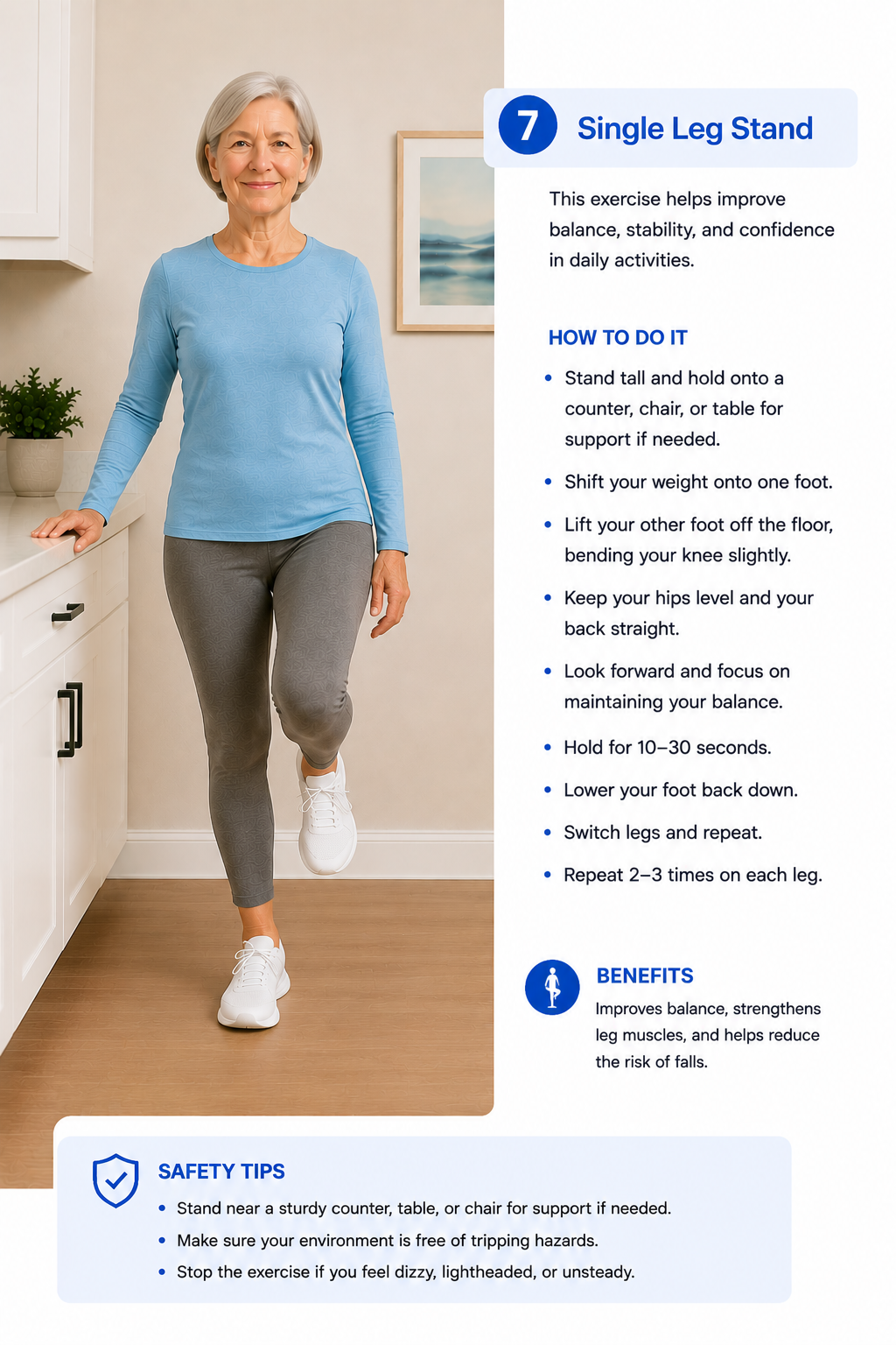 Older adult performing single leg stand balance exercise near a counter